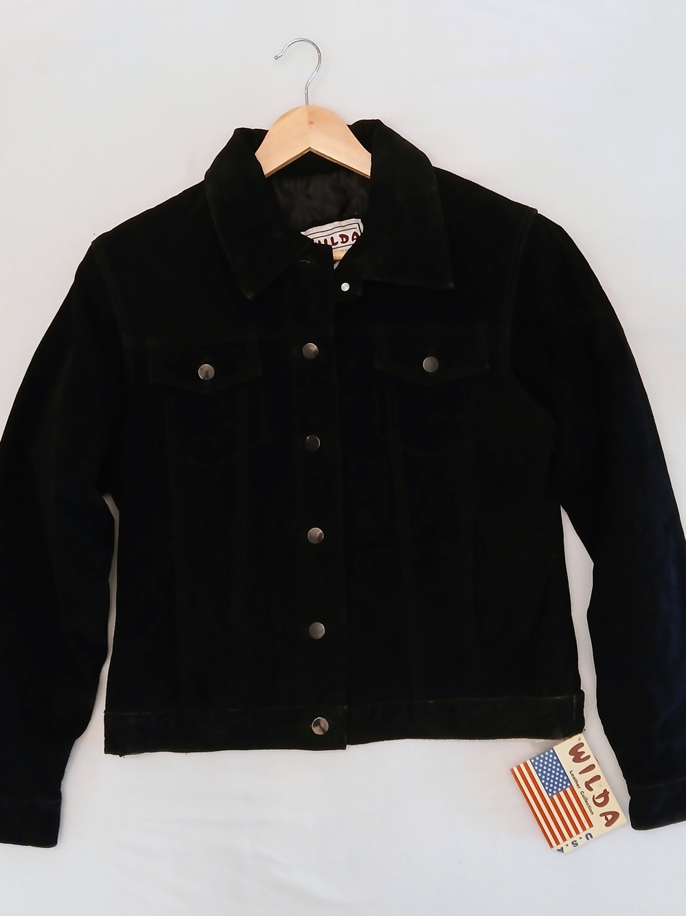 Vintage NWT Wilda USA Genuine Leather Suede Trucker Jacket Black Blackout Size M
